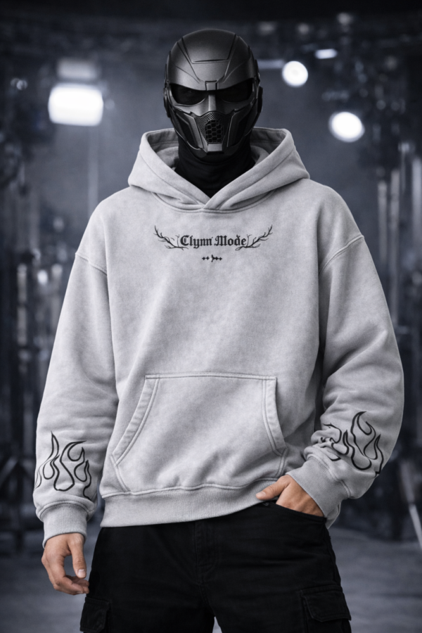 Clynn Mode “Made in Hell” Oversized Acid Wash Hoodie – Grey