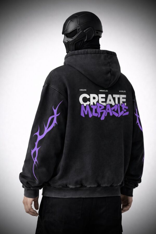 Clynn Mode “Create Miracle” Oversized Acid Wash Hoodie – Black